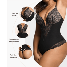 Elegant Lace  Support Deep Plunge Thong Bodysuit - QOU